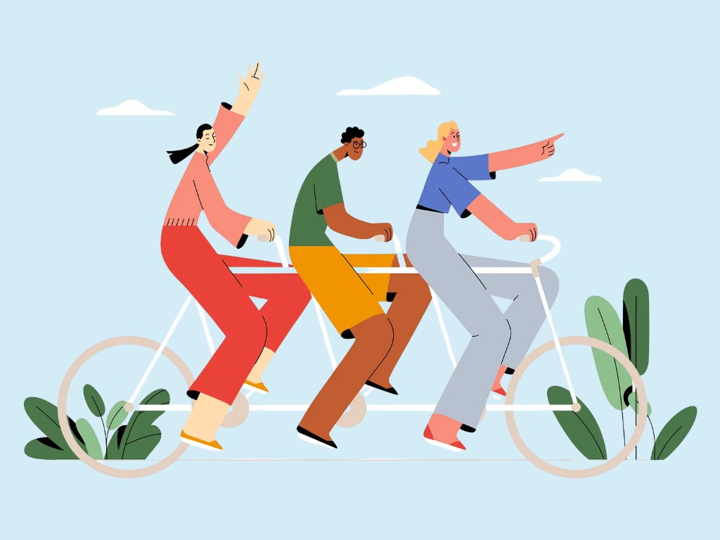Neighbors on a tandem bike — community moving forward together